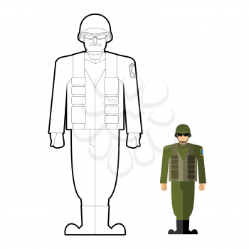 Soldiers coloring book. Military clothing: helmet and body armor. Vector illustration.
