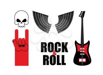 Set symbol rock music . Skull and wings, guitar and rock hand sign. Rock and roll
