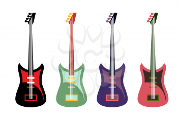Set of colored guitars. Multi-colored rock electric guitars.
