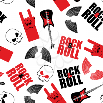  rock music seamless pattern.  Guitar and skull. Wings and rock hand sign. Rock and roll background.
