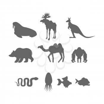 Set Wild animal silhouette. Animals from Zoo and fishes
