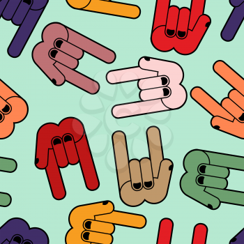 Multicolored Rock hand sign seamless pattern. Rock and roll background. Texture from  hands of people.
