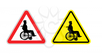Attention disabled on wheelchair. Warning sign about  person in wheelchair. Red and yellow road sign.
