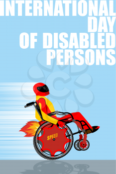International Day of Persons with Disabilities. Man on  wheelchair goes with great speed. Turbo engine with fire. Disabled person on powerful high-speed Chair. Racer in protective helmet