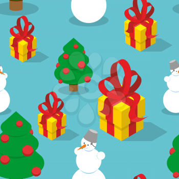 Snowman and Christmas tree seamless pattern. Holiday background of gift. Texture for Christmas and new year. Ornament for festive fabrics.