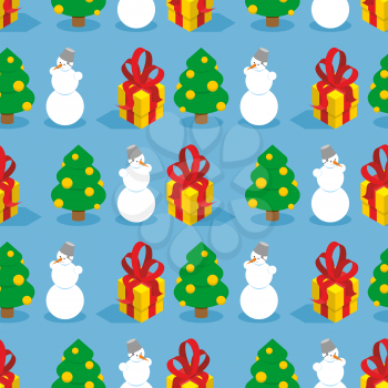 Christmas seamless pattern. Symbols of  winter holiday: Christmas tree, gift and snowman. Cute repeating ornament for new year