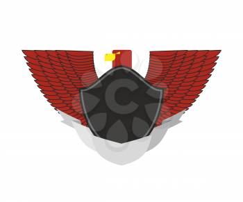 Red Eagle on military emblem. Bird with wings and black shield. Vector logo.

