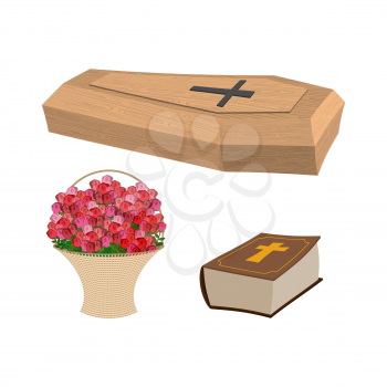 Set funeral. Coffin and Bible. Basket of flowers for burial of dead. Vector illustration funeral accessories
