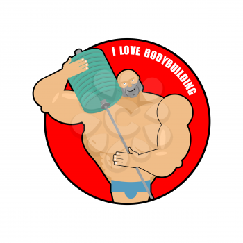 I love bodybuilding. Big strong man hugs athletic barbell. Logo emblem for fitness club. Bodybuilder with huge muscles in a circle. Vector mark for sports enthusiasts.