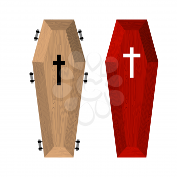 Set of coffins. Red beautiful expensive coffin and a wooden coffin. Vector illustration of accessories for death.

