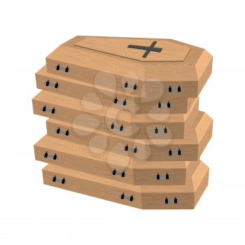 pile of coffins. Many coffins for dead. Vector illustration of sorrow
