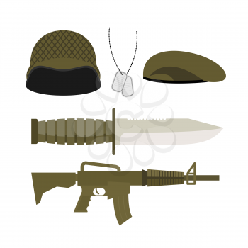 Set Army Military icon . Soldiers helmet and badge, gun and knife. Head-dress of a soldier: helmet and a green beret. Vector illustration of  theme of war.