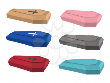 Set colored coffins. Vector illustration of accessories for burial.
