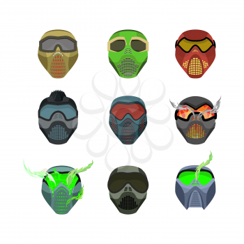 Set helmets and masks for sports. Devilish horrible masks. Scary Helmets for Paintball and motorcycle racing. Vector illustration