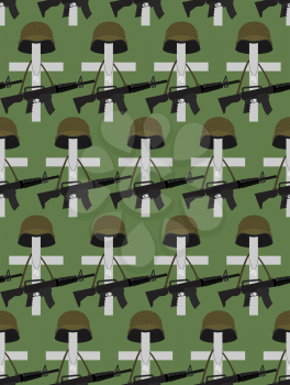 Military Cemetery. Vector background of Memorial Day. Crosses with soldiers helmets. Accessories a military man: automatic gun and military badge.