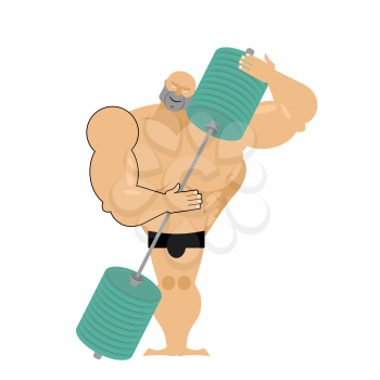 Bodybuilder loves a barbell. Athlete hugs sports accessory. Different muscles on body of a person. Vector illustration fitness models