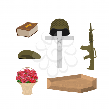 Death of a military veteran. Soldier funeral Accessories: machine gun and soldiers badge. Cross, coffin and Bible. Big basket of red roses. Vector set of grief  of Memorial Day