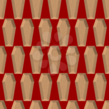 Coffins seamless pattern on a red background. Wooden coffin. Vector background cemetery.
