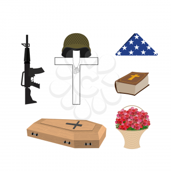 Set for burial of the soldier. Military funerals. Helmet on cross.  Bible and coffin. Machine gun and American flag. Accessories of death and bereavement.  Vector illustration of Memorial Day
