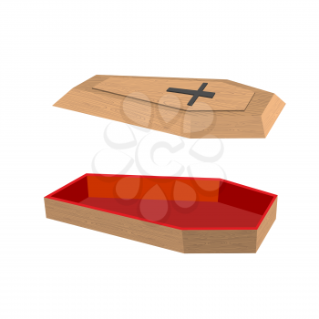 Open coffin on a white background. Lid of a coffin with a cross. Wooden coffin with red trim inside. Vector illustration
