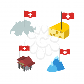 Set  icons Switzerland. Map and cheese, Bank and Alps. Vector illustration
