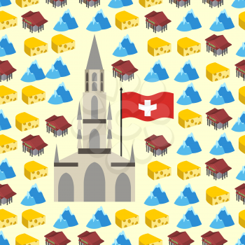 Switzerland seamless pattern of symbols of country. Banks and Alps, cheese and Bern Cathedral. Vector background.
