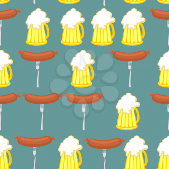 Sausage and beer seamless pattern. Symbol of German Oktoberfest holiday. Vector background.