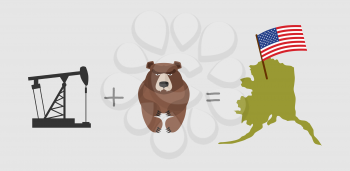 Oil rig and  bear. Symbols of Alaska. American flag. Vector illustration
