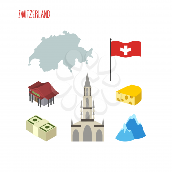 Set of icons for Switzerland. Map and flag of country. Berne Cathedral and banks. Vector illustration
