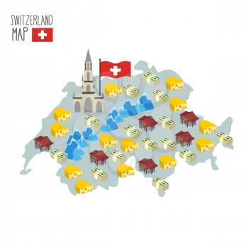 Map of Switzerland. Attraction of Berne Cathedral. Characteristics and symbols of country: cheese and banks, money and  Alps. Vector illustration