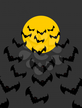 Flying vampires against background of moon. Bunch of scary bats. Halloween night