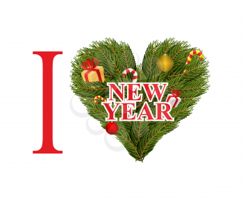 I love new year. Symbol heart of FIR branches and decorations. Mint sweets and gifts for new year. Christmas tree branches  and holiday decoration.
