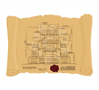 Drawing of Church Of St. Alexander Nevsky of ancient scroll. Retro Scheme of ancient Cathedral. Old building of project. Construction of Church in Bulgaria on an ancient papyrus.
