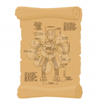 Drawing Robot Ancient scroll. Retro scheme of Technological machine cyborg. Archaic architectural project. Design of Android on ancient papyrus. Historical secret document. An unknown invention of Leo