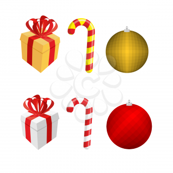 Set  icons for Christmas and new year. Gift box and Peppermint lollipop stick. Ball-Christmas tree toy.
