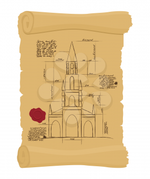Berne Cathedral on old paper Scheme. Ancient scroll.  scheme of ancient architectural buildings in Switzerland. architectural project of building landmarks. Design of architecture in ancient Papyrus