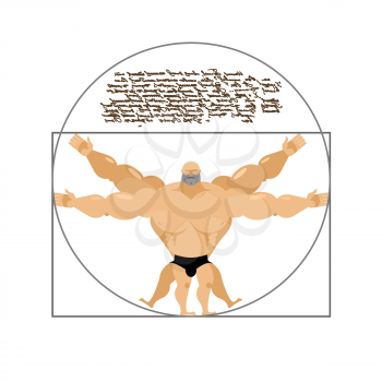 Vitruvian strong man bodybuilder. Illustration of Leonardo da Vinci in cartoon style.
