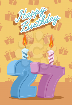 Happy Birthday Vector Design. Announcement and Celebration Message Poster, Flyer Flat Style Age 27