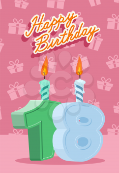 Happy Birthday Vector Design. Announcement and Celebration Message Poster, Flyer Flat Style Age 18