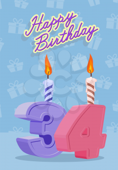 Happy Birthday Vector Design. Announcement and Celebration Message Poster, Flyer Flat Style Age 34