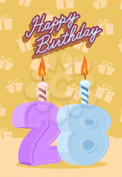 Happy Birthday Vector Design. Announcement and Celebration Message Poster, Flyer Flat Style Age 28
