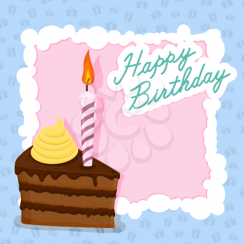 cake with candle for birthday postcard. Vector illustration