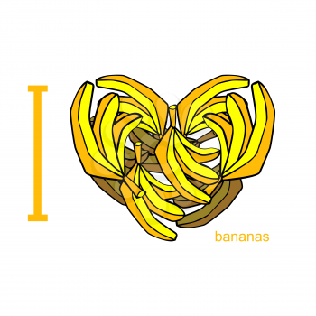 I love bananas. Symbol of heart of bananas. Tropical African fruit. Useful food for human health. Vector illustration
