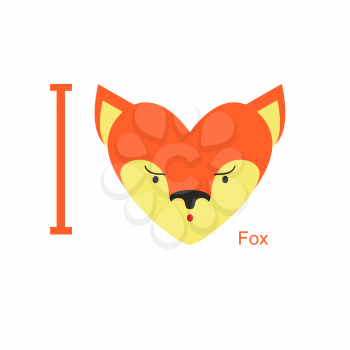 I love Fox. Cute head foxes in  shape of a heart. Animal vector illustration.
