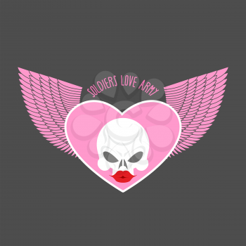 Soldiers love army logo and emblem. White skull and pink heart with wings. Vector illustration.
