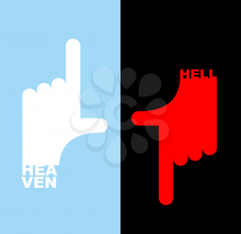 Hell and heavene. Direction signs.  Gesture hands up finger, thumb down. Vector illustration