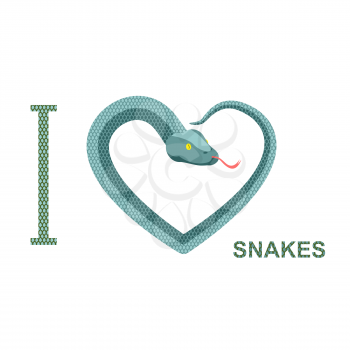 I love snakes. Symbol of  heart of  snake. Python curled up. Vector illustration of reptiles.