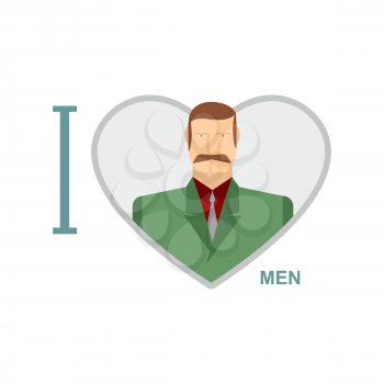 I love men. Male and symbol of heart. Vector illustration of a man in a suit.
