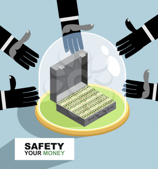 hands are drawn to money. Protection against thieves. business illustration