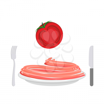Red pasta with tomato ingredient. Spaghetti on a plate. Vector illustration of food
